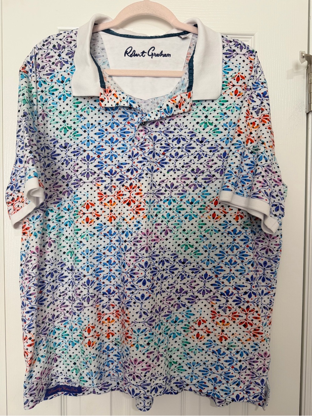 Robert Graham White Polo with Multicolor Floral Geo Print